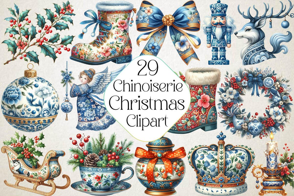 Chinoiserie Christmas Clipart, an Illustration by DreamPrint404 (Photo 1 of 4)