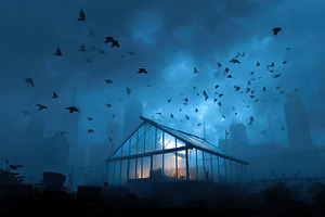 Glowing greenhouse illuminates dark city skyline filled with flying birds at du, an Arts & Entertainment Photo by AlyaAnd