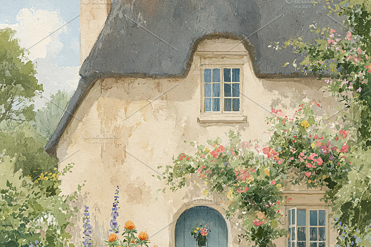 English cottage with thatched roof, vibrant flower garden, stone, an Illustration by Studio ANNA