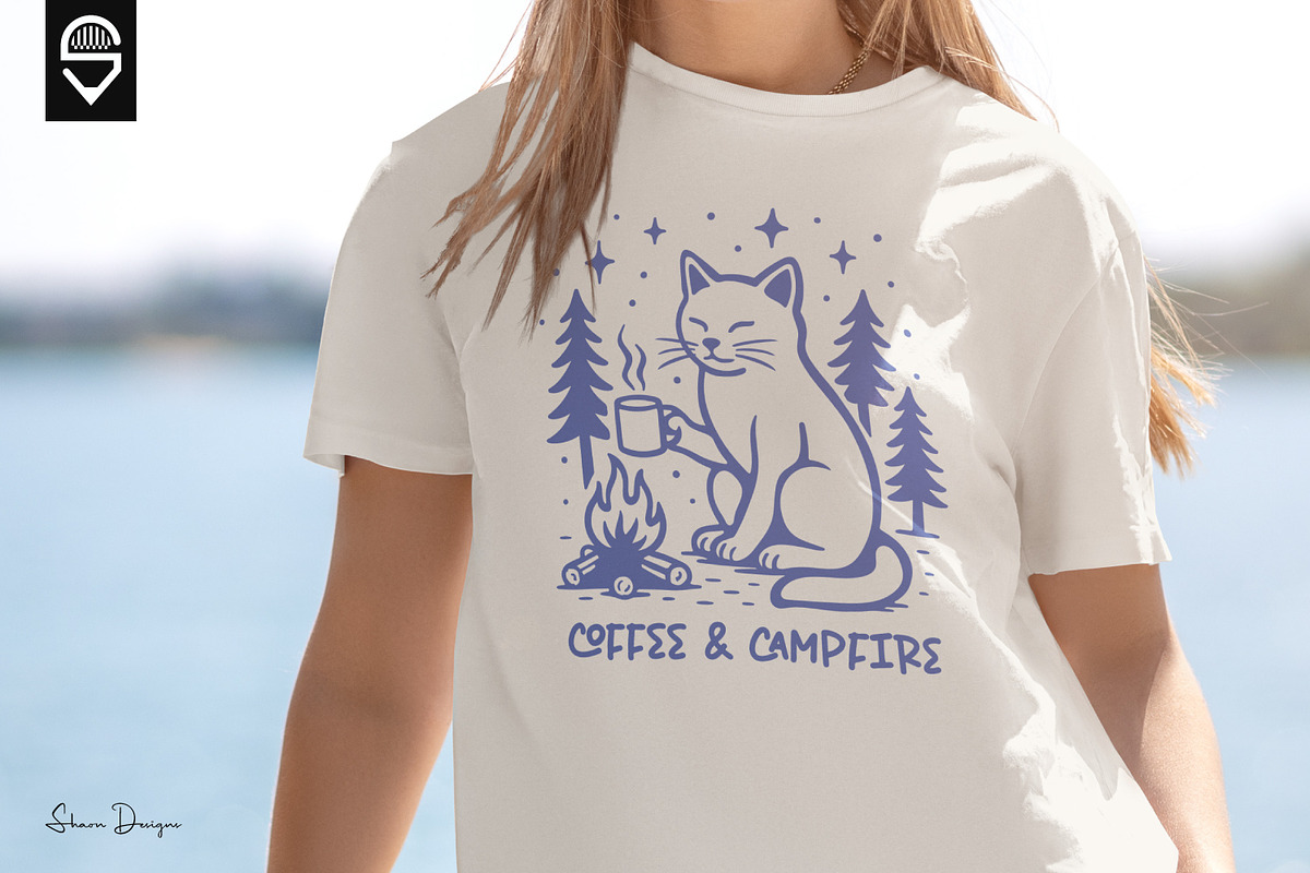 Coffee And Campfire Cat T-shirt, an Animal Illustration by shaondesigns (Photo 3 of 5)