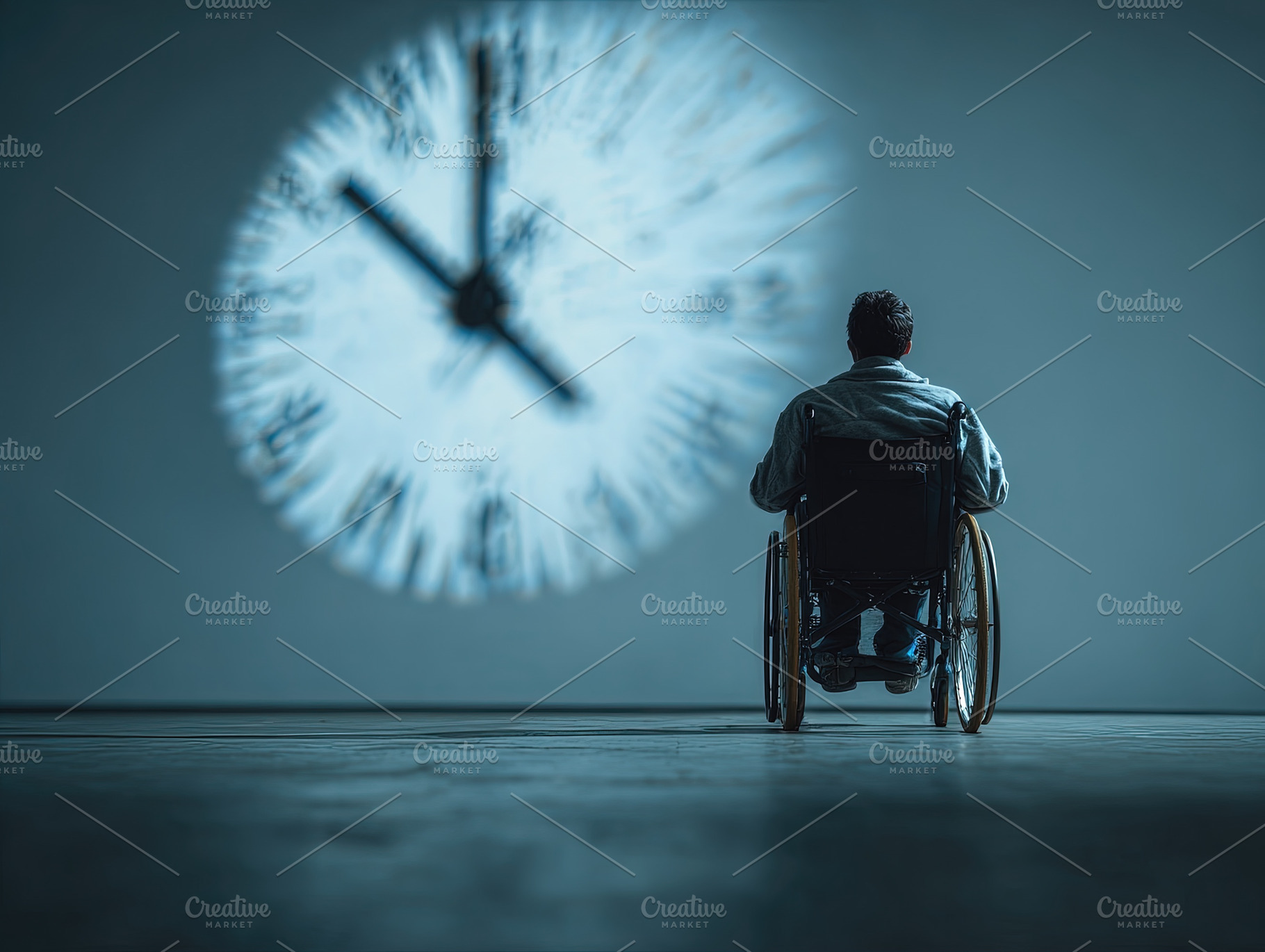 Rear view of man in wheelchair looking at large blurred clock pr, an Abstract Photo by Ales Munt