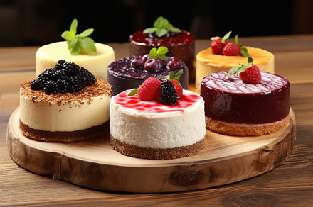 Different pieces of cheesecake with fresh berries on wooden table, a Food & Drink Photo by AlyaAnd