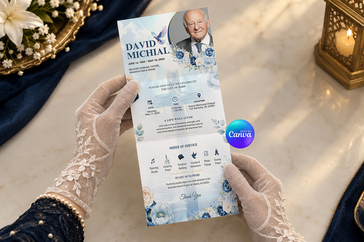 Blue Floral Funeral Program, an Invitation Template by Arslan (Photo 1 of 3)