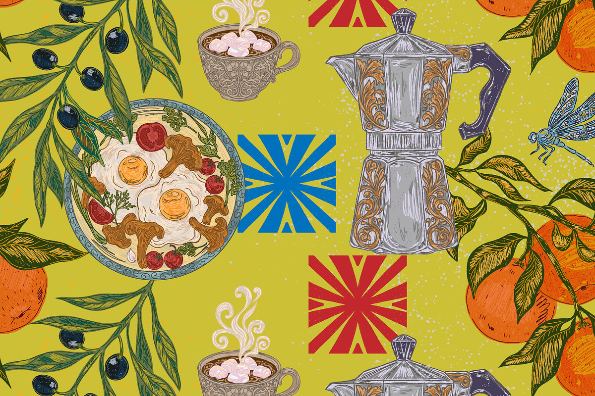 Mediterranean Breakfast Coffee Seaml, a Pattern Graphic by NayaChu (Photo 1 of 10)