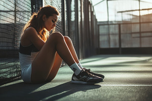 Tired woman athlete sits on the grou, a Photo by Iftikhar Alam
