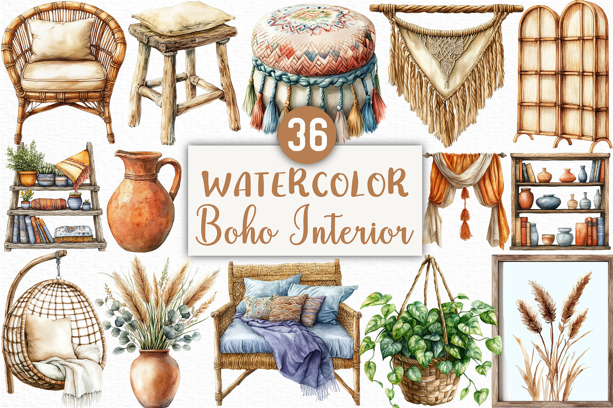 Watercolor Boho Interior Clipart, an Illustration by Craft Nest (Photo 1 of 6)