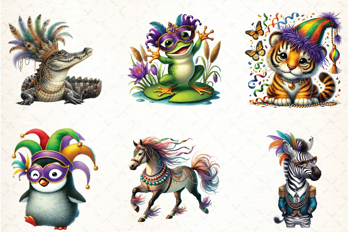 Watercolor Mardi Gras Animal Clipart, an Illustration by DreamCafeArt (Photo 2 of 3)