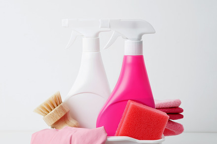 Cleaning supplies in a container, ready for a productive and satisfying spring