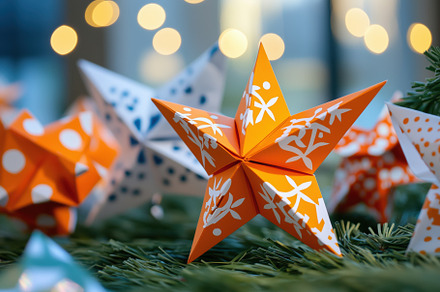 Colorful origami stars in orange and white, placed on a green surface with blur, an Arts & Entertainment Photo by Textures & Backgrounds