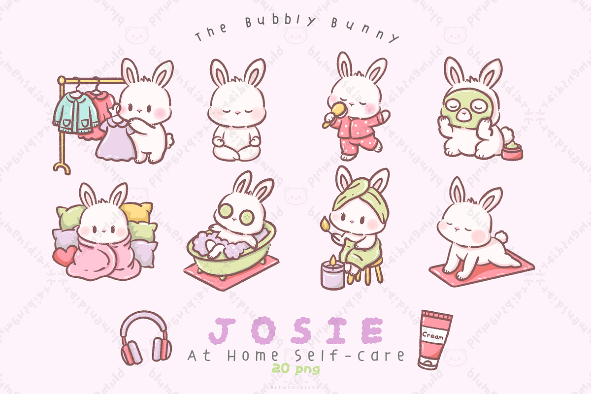 Josie Kawaii Bunny Self-Care Clipart, an Illustration by Blumensdiary (Photo 1 of 8)