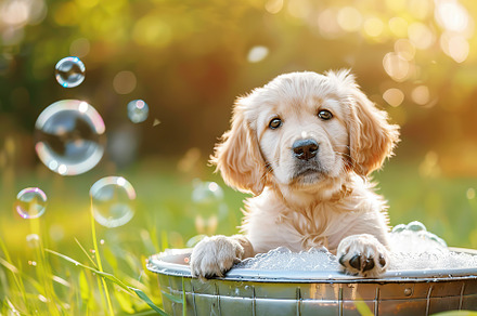Cute puppy taking a bath in the basin with soap bubbles on blurr, an Animal Photo by AlyaAnd