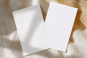 Two blank white paper cards on beige fabric with straw details, casting natural, a Holiday Photo by Studio ANNA