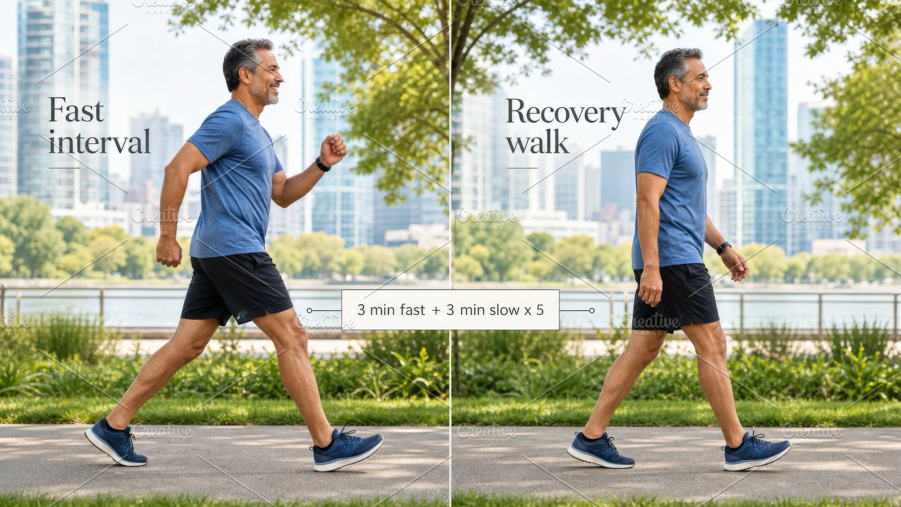 Japanese walking concept. Middle-aged man walking for fitness by, a Photo by Dvoevnore photos