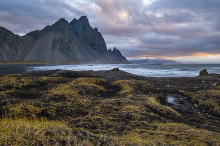 Sunrise Stokksnes cape sea beach and Vestrahorn Mountain, Icelan, a Nature Photo by YuriyB