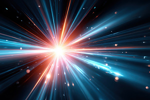 Blue and orange light burst from central flare, an Abstract Photo by AlyaAnd