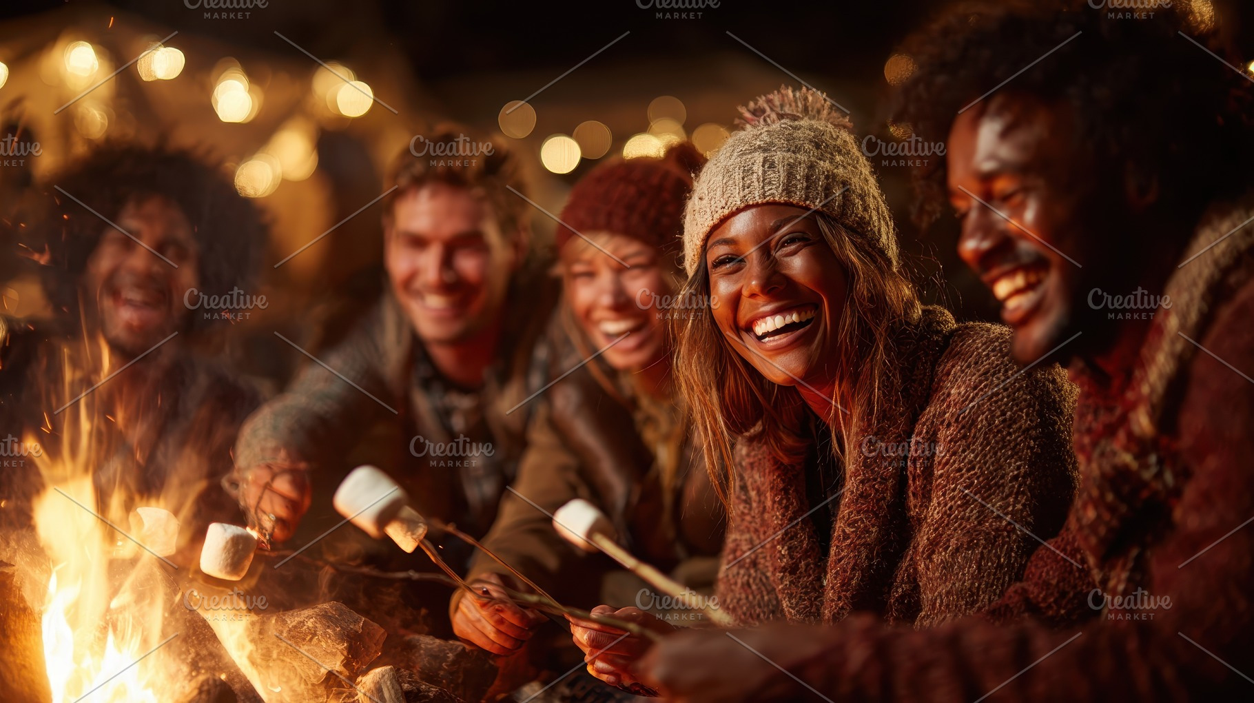 Happy friends roasting marshmallows, a Photo by Pixeness Studio