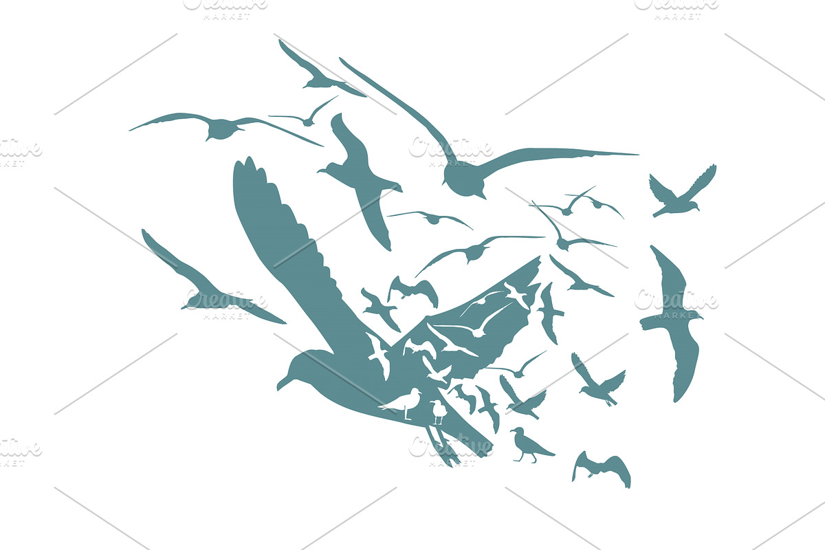 Flying birds blue silhouettes on, an Animal Illustration by Nenahliadava Design