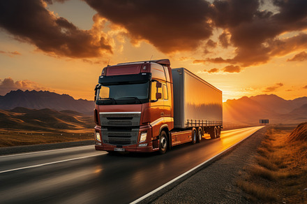 Red truck on the road at sunset., a Transportation Photo by AS photostudio