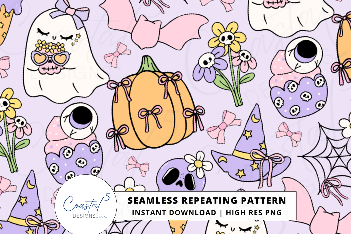 Coquette Halloween Seamless Pattern, a Pattern Graphic by Coastal 5 Designs (Photo 1 of 3)
