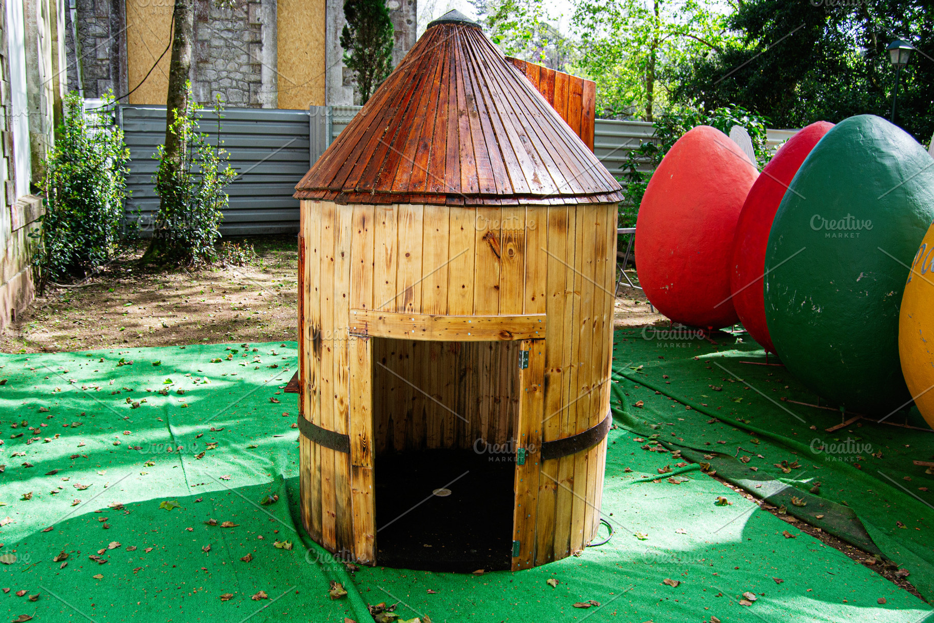 Wooden structure and colorful shapes in Caldas da Rainha, Portugal outdoor area, a Photo by AS photostudio