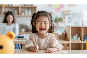 Smiling Asian girl with pigtails, a School & Education Photo by Sergey Kotenev