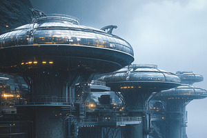 Futuristic underwater research facility on rocky coastline, with large metallic, a Technology Illustration by Textures & Backgrounds