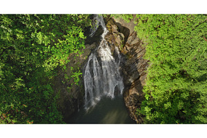Waterfall cascading through lush, a Nature Photo by Goinyk