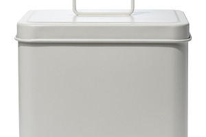 Square, white steel canister with a fitted lid and a wooden hand, an Industrial Photo by ndanko
