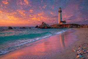 Lighthouse Sunset Seascape Stunning, a Photo by Pixeness Studio