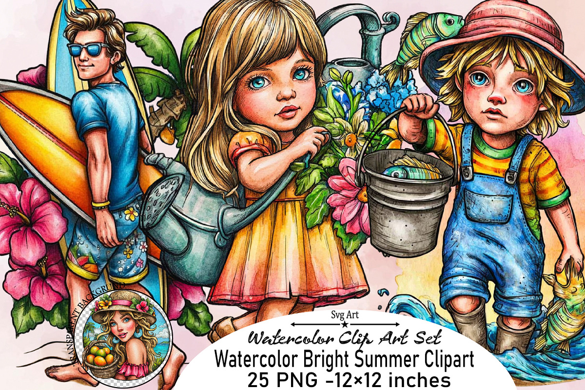Watercolor Bright Summer Clipart Bun, an Illustration by SVGArt (Photo 1 of 9)