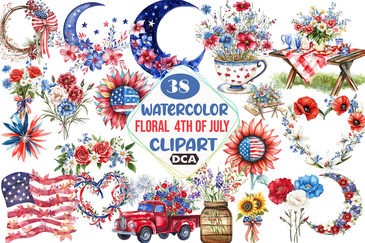 watercolor floral 4th of july, an Illustration by DreamCafeArt (Photo 1 of 5)