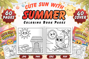 Cute Sun With Summer Coloring Pages, a Seasonal Illustration by Neon Studio