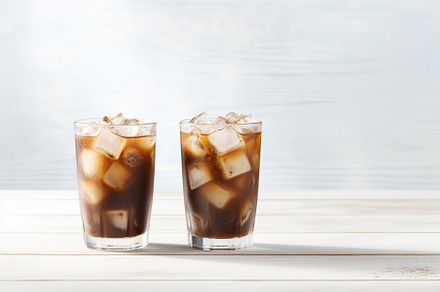 Iced coffee in glasses on wooden background, a Food & Drink Photo by AlyaAnd