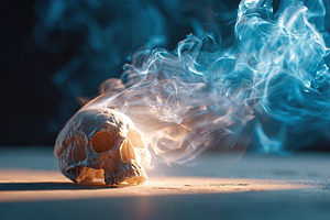 Mysterious skull with smoke swirling around it in a dimly lit setting, a Photo by AlyaAnd