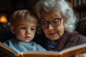 An elderly woman reads a story to her young grandson, both engaged in a cozy mo, a Person Photo by ImageMir