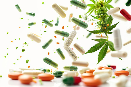 Colorful pills and cannabis leaves scattered on white background, a Photo by Dvoevnore photos