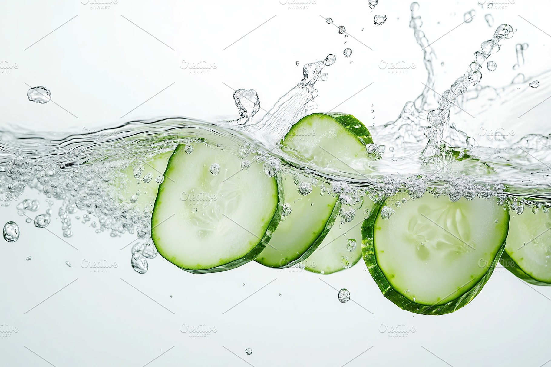Green sliced cucumber falling into water on white background, a Food & Drink Photo by AlyaAnd