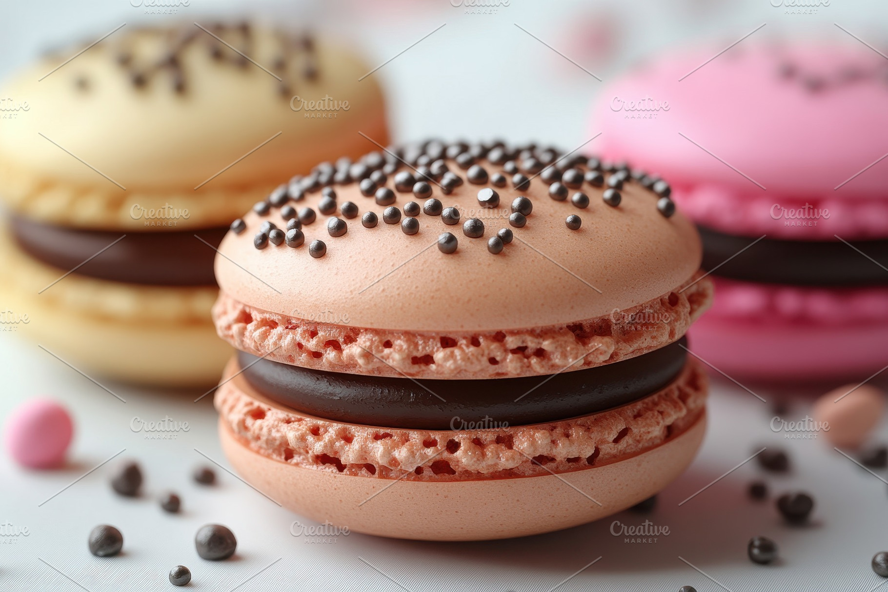 Colorful macarons with chocolate fil, a Photo by Tanuart