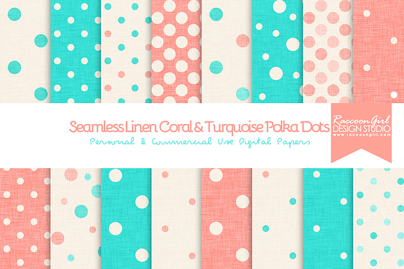 Seamless Linen Coral&Turquoise Dots preview 2