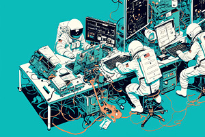 Team of astronauts analyzing data in a high-tech futuristic laboratory environm, an Illustration by AS photostudio