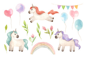 Watercolor Unicorns. Clipart Pattern