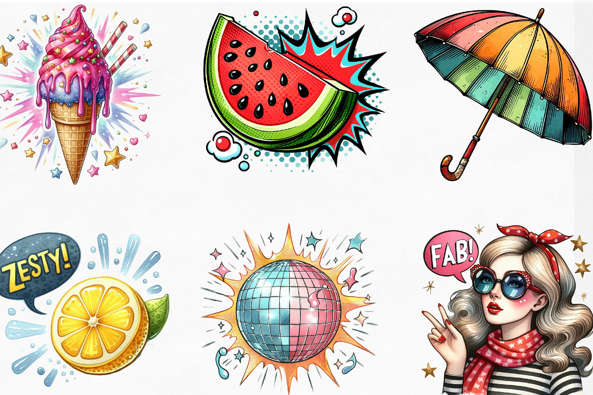 Retro Pop Art Comic Summer Clipart, an Illustration by Designking (Photo 2 of 4)