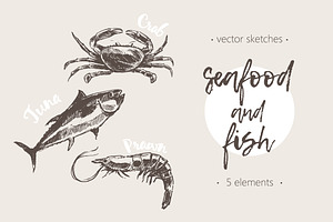 Set of hand drawn seafood and fish, a Food Illustration by TheMountBirdStudio