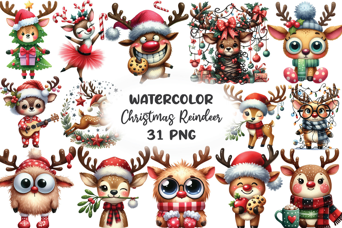 Quirky Christmas Reindeer Clipart, an Illustration by CraftArtStudio (Photo 1 of 6)