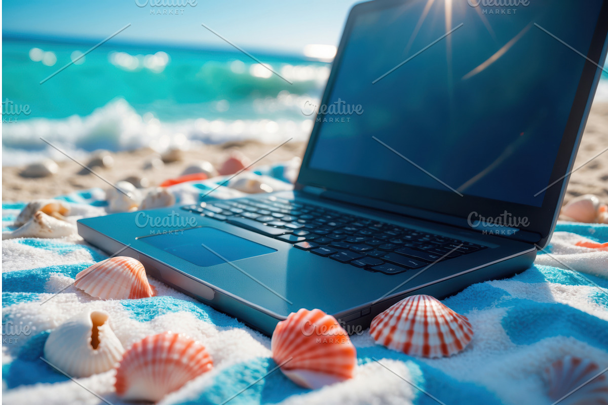 Open laptop on a beach towel, an Illustration by tilialucida