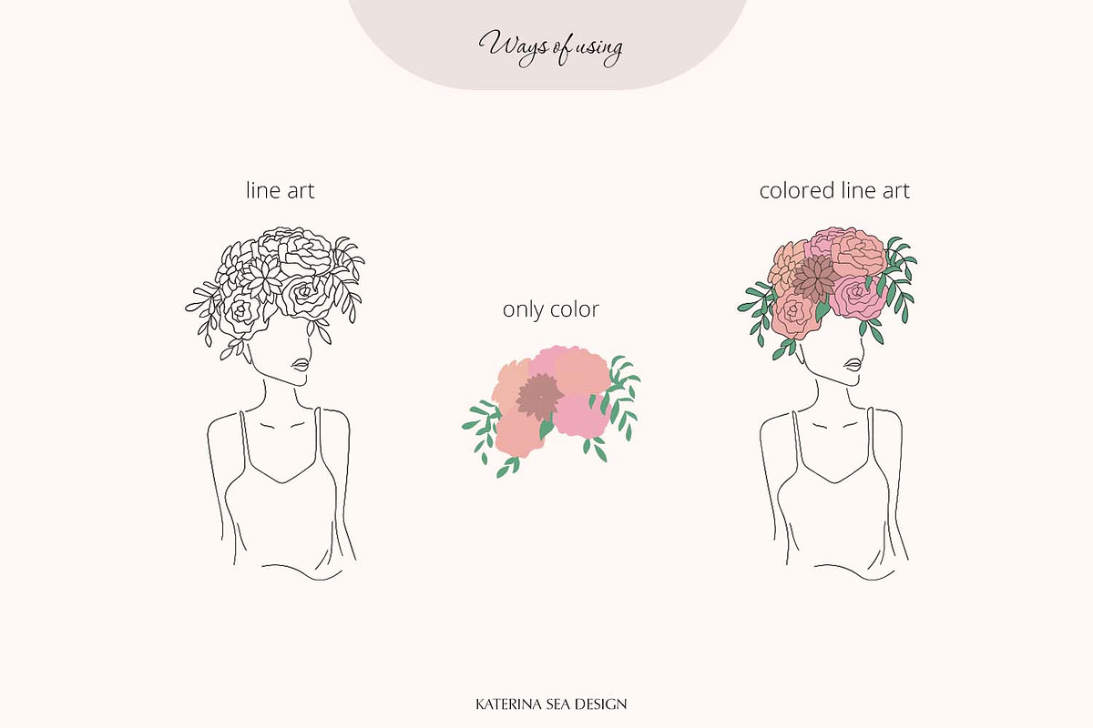 Line art floral woman & elements, a Person Illustration by Katerina.Sea.Design (Photo 5 of 10)