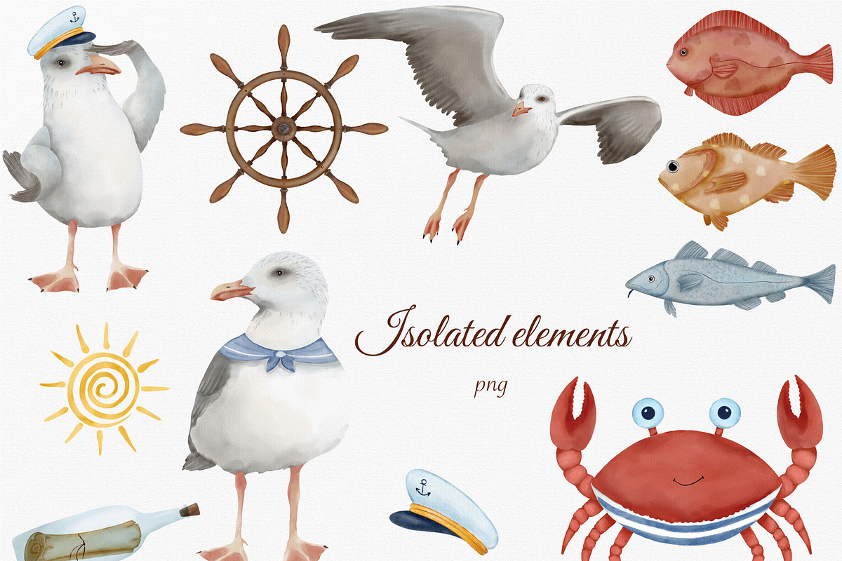 Nautical Watercolor Sea Clipart, an Animal Illustration by ZabolotnaArt (Photo 3 of 13)