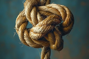 Intricate rope knot hanging vertically symbolizing complexity, e, an Abstract Photo by José Manuel Gelpi