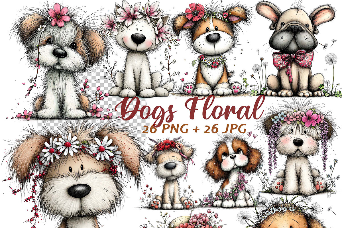 Whimsical Dogs Floral Clipart Spring, a Graphic by one-touch (Photo 1 of 19)