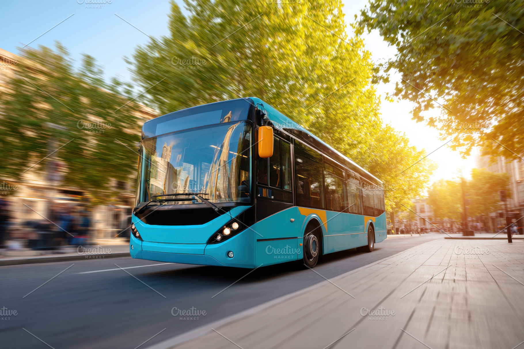 Modern city bus driving at sunset, a Transportation Photo by AlyaAnd